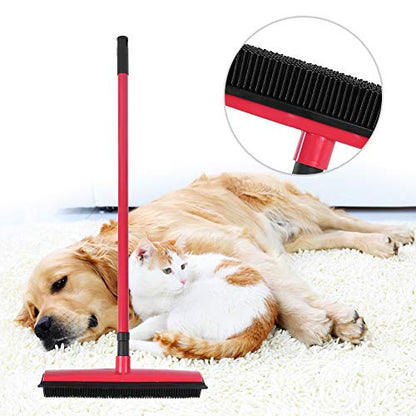 Pet Hair Remover Broom and Rubber Lint Brush Combo Telescopic Handle 26.8 to 47.2 Inches for Dog and Cat Fur Removal Carpet and Hardwood Floor Cleaning Washable Durable Blue Red (Red) - color: Red