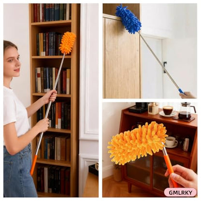 Microfiber Duster for Cleaning, GMLKRY Hand Washable Dusters with 3pcs Replaceable Microfiber Head, Extendable Pole, Detachable Cleaning Supplies for Office, Car, Window, Furniture (Blue) - color: Blue