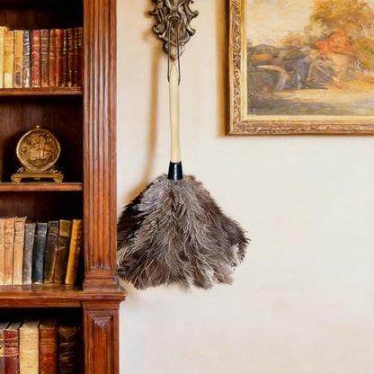 NCEDN Genuine Ostrich Feather Duster 15 inches – Soft Dense Real Feathers, Wooden Handle, Feather Duster for Cleaning Furniture, Blinds & Car Interior - color: Beige + Natural