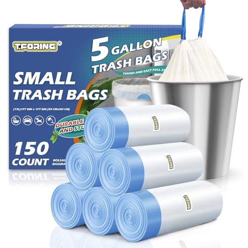 Small Trash Bags 5 Gallon Drawstring,1.1 Mil,Unscented,150 Count | Leakproof,Strong Plastic Garbage Can Liners,White,Fit 15 - 18 Liter Waste Bins,for Home Bathroom Office Car Everyday Use - color: Drawstring-5 Gal-150