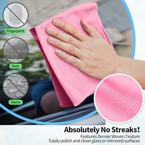 Microfiber Cleaning Cloth - 10 Pack Glasses Cleaning Cloth, 16" x 14" Window Cleaning Rags, Streak Free Lint Free Polishing Cloths Wipes for Eye Glass, Stainless Steel, Windshield, Pink - color: Pink, size: 16" x 14"