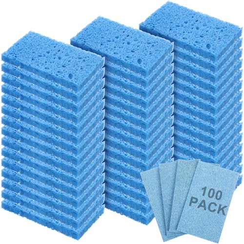 Zhengmy 100 Pieces Sponges Bulk Sponges Kitchen Compressed Sponge Natural Dish Sponge Compressed Wood Pulp Cleaning Without Scratching for Kitchen Bathroom, 3.9 x 2.4 x 0.12 Inch (Blue) - color: Blue