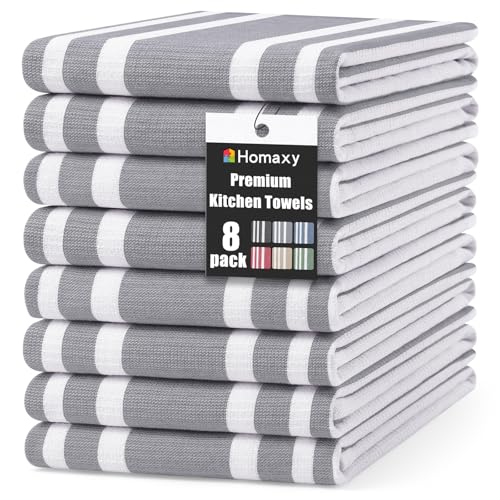 Homaxy Premium Kitchen Towels 18”x 28”, Large Cotton 380 GSM Kitchen Hand Towels, Stripe and Terry Dish Towel, Highly Absorbent Tea Towel Set with Hanging Loop, 8 Pack, Grey - color: Grey Stripe, style: 8-pack