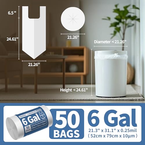 Small Trash Bags with Handles (1.2/2/2.6/3/4/5/6/8/13 Gallon) - Ocean Plastic Upcycling - Plastic Garbage Bags, Can Bin & Waste Basket Liner for Kitchen, Bathroom, Office&Pets 6 Gal 50 Count