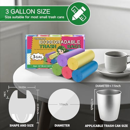 3 Gallon Small Trash Bags Bathroom - Colorful With Handles Mini Garbage Bags 100 Count Biodegradable Unscented 12 Liter Little Wastebasket Liners Kitchen Car Office Strong Thick Bulk Vincereon - color: 3 gal Colorful 100