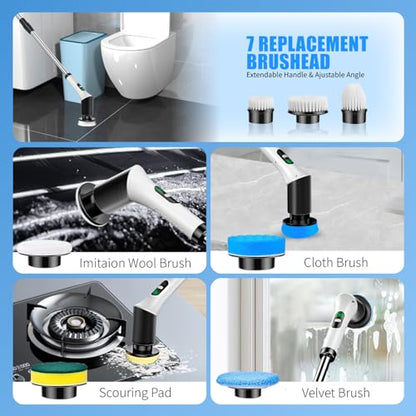 Electric Spin Scrubber, Cordless Power Cleaning Brush with 7 Replaceable Heads, Adjustable Long Handle, & LCD Display, IPX7 Waterproof Shower Scrubber for Bathroom, Tub, Tile, Kitchen & Car