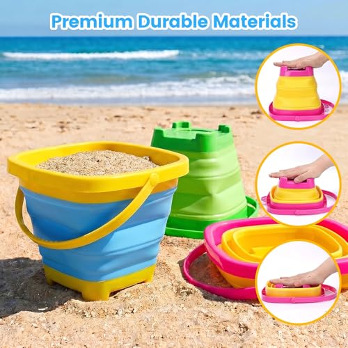 Shindel 3Packs Foldable Pail Bucket, 2L Silicone Collapsible Beach Toys Bucket for Kids, Multi Purpose for Fun Summer Activities, Camping Gear, Beach Essentials