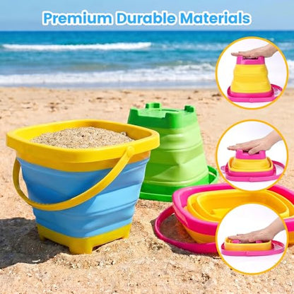 Shindel 3Packs Foldable Pail Bucket, 2L Silicone Collapsible Beach Toys Bucket for Kids, Multi Purpose for Fun Summer Activities, Camping Gear, Beach Essentials