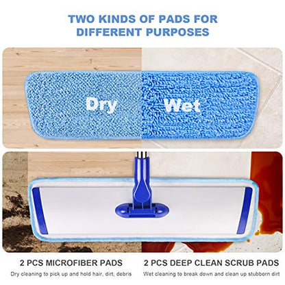18" Professional Microfiber Mop Floor Cleaning System, Flat Mop with Stainless Steel Handle, 4 Reusable Washable Mop Pads, Wet and Dust Mopping for Hardwood, Vinyl, Laminate, Tile Cleaning - color: Blue