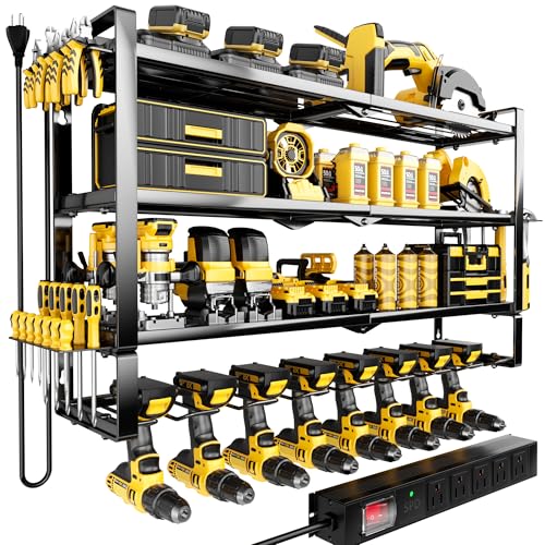Large Power Tool Organizer Wall Mount with Charging Station,4 Layer Heavy Duty Metal Tool Storage Rack with 5-Outlet Power Strip,Loads 400lbs with 8 Cordless Drill Holder,Battery Utility Tool Shelf - color: 32-INCH BLACK