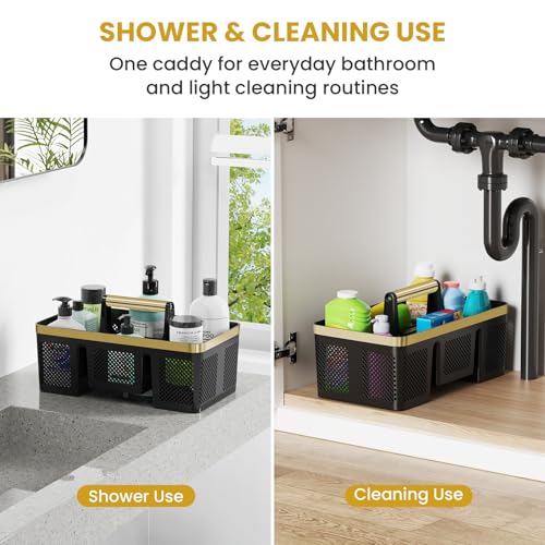 BYUNER Portable Cleaning & Shower Caddy with Handle: Rigid Plastic Basket with 4 Divided Compartments, All-Side Drainage for College Dorm, Bathroom & Utility Use, Black/Gold - color: Black/Gold
