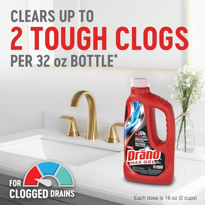 Drano Max Gel Drain Clog Remover & Cleaner, Fast-Acting to Unclog Standing Water & Remove Hair, Grease & Food Blockages, Safe for all Pipes & Septic, Kitchen Sinks, Bathroom Showers & Tubs, 32 Oz - size: 32 Fl Oz (Pack of 1)