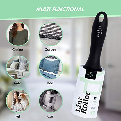 Elitra Lint Roller with Reusable Handle, Extra Sticky Pet Hair Remover with E-Z Peel Sheets - 90 Sheets with 4 Refills (450 Total), Adhesive Roller for Clothes, Furniture, Bedding & Upholstery