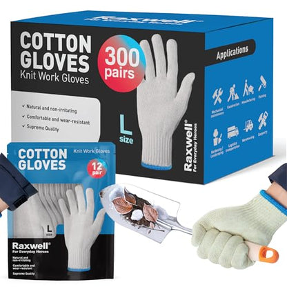 Raxwell White Cotton Gloves, 300 Pairs Bulk Case – Durable Knit Work Liners for BBQ, Painting, Gardening, Industrial, Mechanical Use, Large Size, Breathable, Comfortable - size: Large, style: Work Glove
