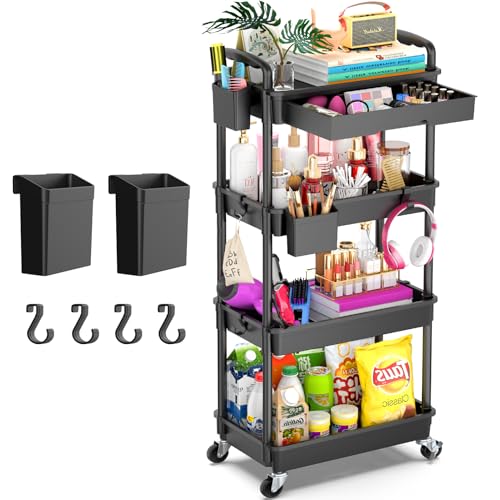 Goovilla 4 Tier Rolling Utility Cart Organizer with Removable Drawer, Stable and Sturdy Black Rolling Storage Carts with 2 Lockable Wheels for Bathroom, Kitchen, Snack, Craft, Makeup, Baby Essentials - size: 4 Tier, style: Black