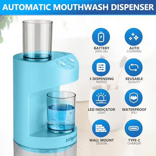 ZOFGENOW Automatic Mouthwash Dispenser for Bathroom,Bathroom Accessories 19.4 Fl Oz Dispensers with Magnetic Cups,Wall Mounted Dispenser,Suitable for All Age Groups,Blue - color: Blue