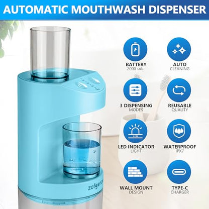 ZOFGENOW Automatic Mouthwash Dispenser for Bathroom,Bathroom Accessories 19.4 Fl Oz Dispensers with Magnetic Cups,Wall Mounted Dispenser,Suitable for All Age Groups,Blue - color: Blue