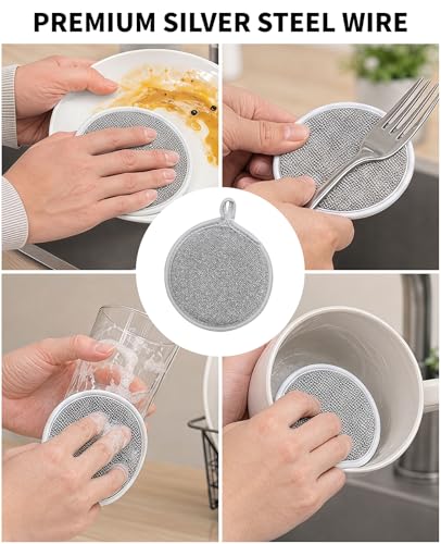 3PCS Dishwashing Cleaning Gloves + 3PCS Wire Dish Rags Set - Long Cuff Reusable Rubber Gloves & Non-Scratch for Kitchen, Cleaning, Gardening - Waterproof, Tear-Resistant