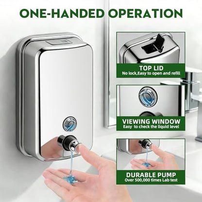 RYTOXILO Wall Mounted Soap Dispenser Silver Stainless Steel Commercial Soap Dispenser Hand Soap Dispenser for Bathroom Kitchen Home (34 fl oz / 1000ml) - color: Silver