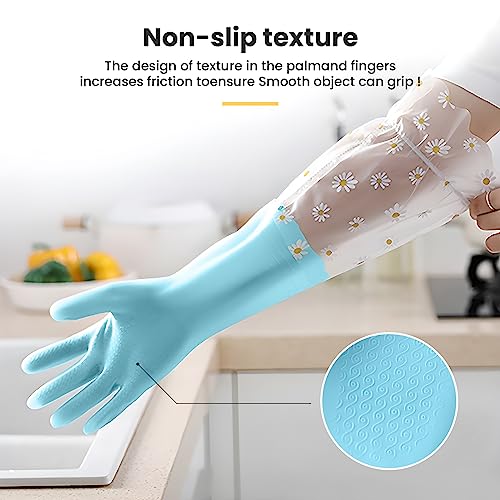 KAQ Dishwashing Cleaning Gloves 3 Pairs-Reusable Cotton Liner Rubber Gloves Long cuff 19.5" Non-Slip Kitchen Gardening Gloves