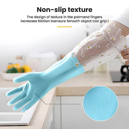 KAQ Dishwashing Cleaning Gloves 3 Pairs-Reusable Cotton Liner Rubber Gloves Long cuff 19.5" Non-Slip Kitchen Gardening Gloves