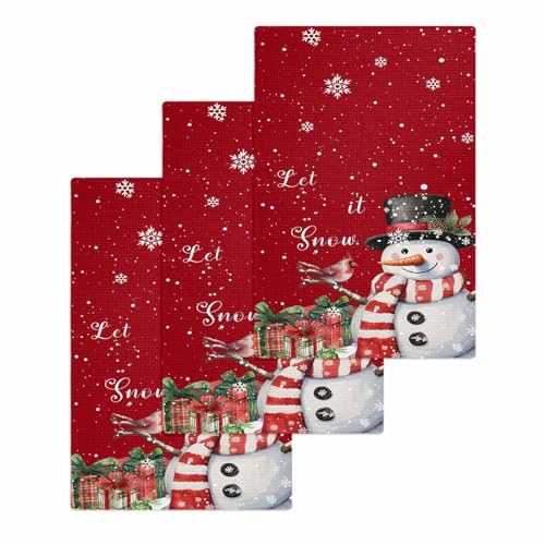 Christmas Red Hand Towels Set, Waffle Weave Kitchen Towels 3 Pieces, Snowman Snowflake Berry Bird Microfiber Hair Face Bath Tea Towel Absorbent Quick Drying Cleaning Dish Cloths, 15.7"x23.6" - color: Red, size: 3PCS,15.7"x23.6"