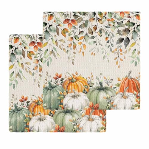 Orang Sage Green White Pumpkin Dish Towels Set, Waffle Weave Kitchen Towels 2 Pieces, Fall Eucalyptus Leaves Microfiber Hair Face Bath Tea Towel Absorbent Quick Drying Cleaning Dish Cloths, 12"x12" - color: Sage Green Pumpkin Orange Oatmeal, size: 2PCS,12