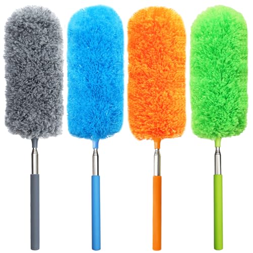 4 Pack Small Microfiber Feather Duster, with 13" to 30" Extendable Pole, Microfiber Head, Cleaning Tool for Cleaning Office, Car, Computer, Furniture, Sofa (Orange/Blue/Green/Gray)