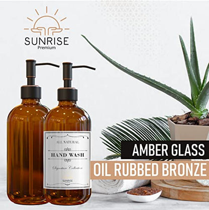 Sunrise Premium 2 Pack Amber Glass Soap Dispenser 16 OZ with Oil Rubbed Bronze Stainless Steel Pump, Hand and Dish Soap Dispenser Set for Bathroom and Kitchen Sink with 6 Waterproof Labels - color: Oil Rubbed Bronze Ss Pump - Amber Glass