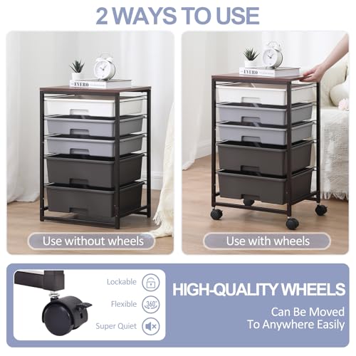 SYKIARIOL Utility Cart with 5 Drawers,Storage Drawer Cart with Wooden Tabletop and Lockable Wheels,Craft Storage Trolley Cart,5-Tier Rolling Utility Cart on Wheels,Dark Grey - color: Dark Grey