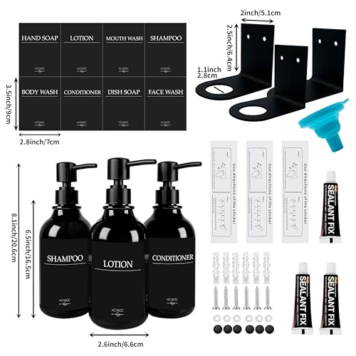 Shampoo Dispenser for Shower Wall, Shampoo and Conditioner Dispenser with 16 Waterproof Labels, No Drill Shower Soap Dispenser Bathroom, Shower Soap Dispenser Wall Mounted,17oz, 3 Pack, Black - color: 1-gloss Black Bottle + Black Pump