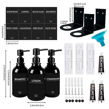 Shampoo Dispenser for Shower Wall, Shampoo and Conditioner Dispenser with 16 Waterproof Labels, No Drill Shower Soap Dispenser Bathroom, Shower Soap Dispenser Wall Mounted,17oz, 3 Pack, Black - color: 1-gloss Black Bottle + Black Pump