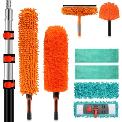20ft High Ceiling Duster Kit with 4-12ft Heavy-Duty Extension Pole, Cobweb Duster, Ceiling Fan Duster, Window Squeegee & Cleaner, Microfiber Duster, Wall Mop for Home High Reach Cleaning