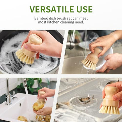 4 Pack Bamboo Dish Brush, Dish Scrubber Brush with Sisal Bristle, Natural Scrub Brush for Kitchen Cleaning Dishes, Pots, Pans, Bottles, Vegetables