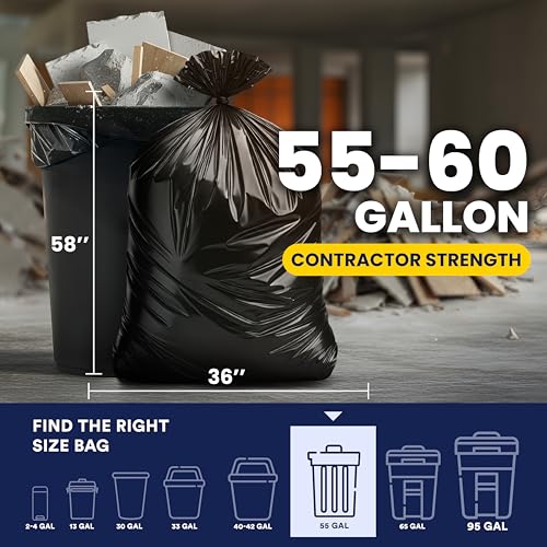 Plasticplace Contractor Trash Bags 55-60 Gallon │ 6.0 Mil │ Black Heavy Duty Garbage Bag │ 36” x 58” (25 Count) - size: 1 Count (Pack of 25)