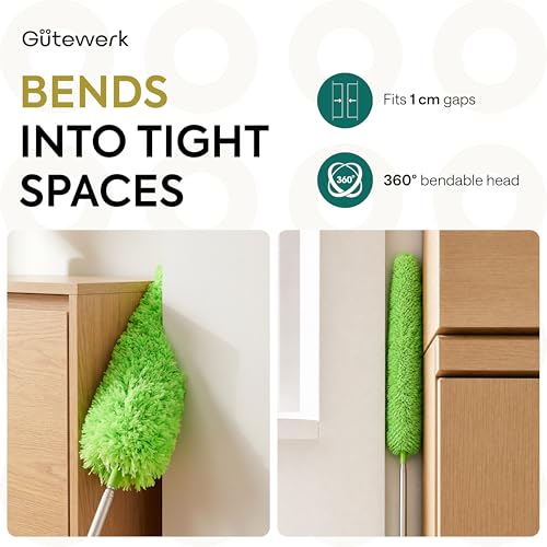 Gütewerk Extendable Microfiber Duster, 55 Inch - Feather Dusters for Cleaning Ceiling Fans, Blinds, Baseboards & High Ceilings - Washable, Electrostatic, 360° Bendable Head, Stainless Steel Pole - color: Green, size: up to 55 inch