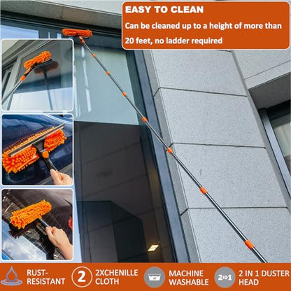 20+ Feet High Reach Duster Kit with 3-14 ft Extension Pole High Ceiling Dusting and Window Cleaning Kit with Spliceable Pole - Window Washer & Squeegee, Cobweb Duster, Fan Blade and Feather Dusters