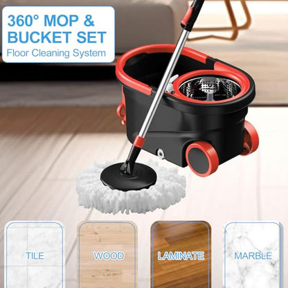 Spin Mop and Bucket with Wringer Set, 360° Rotating Head Mop Bucket System with 3 Microfiber Mop Refills Wet and Dry Suitable for Office and Home Use, Green (Black-Plus) - color: Black-plus