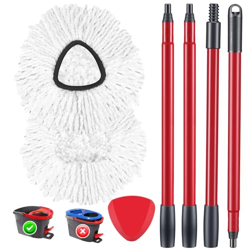 Spin Mop Replacement Head Spin Mop Refills Compatible with O Ceda EasyWring 1-Tank System, 2 Microfiber Spin Mop Head, 1 Triangle Mop Base Head and 4-Section Iron Mop Handle 30-58in for 1 Tank System - size: 1 tank-2 mop head+1 base+1 handle