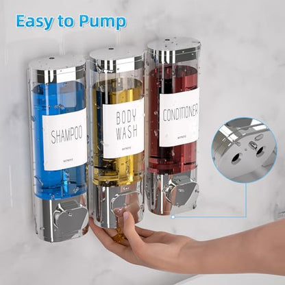 VITVITI Shampoo and Conditioner Dispenser for Shower Wall, Shower Soap Dispenser 3 Chamber No Drill Wall Mounted, 10.2 OZ Plastic Refillable Shower/Body Wash Bottles for Bathroom (Silver) - color: Silver