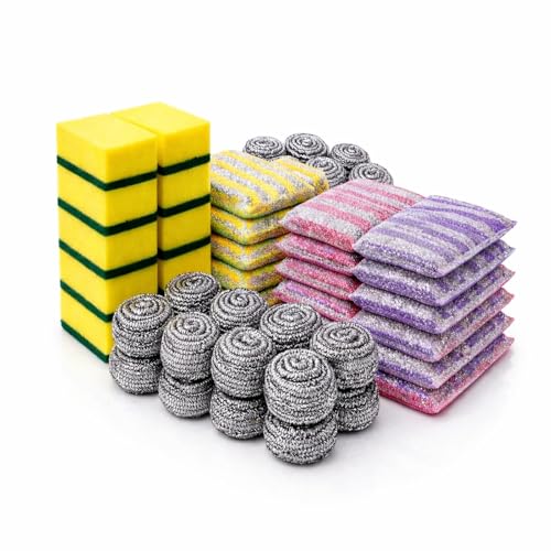 30 PCS Kitchen Cleaning Sponge Set, Heavy Duty Non Scratch Scrubber Pack with Sponges, Steel Wool Scrubbers & Scouring Pads for Dishes, Pots, Pans & Multi Surface Cleaning.