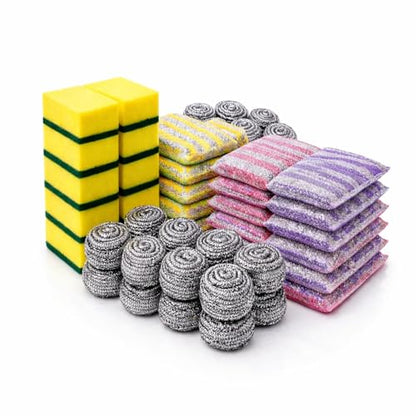 30 PCS Kitchen Cleaning Sponge Set, Heavy Duty Non Scratch Scrubber Pack with Sponges, Steel Wool Scrubbers & Scouring Pads for Dishes, Pots, Pans & Multi Surface Cleaning.