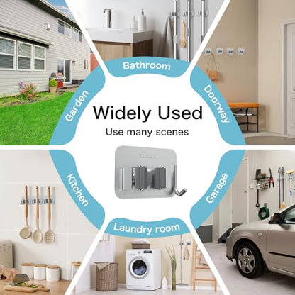 nacena 4 Pack No Drill Self Adhesive Broom Mop Holder Wall Mount with Hooks, Heavy Duty Stainless Steel Organizer for Kitchen Bathroom Garage Storage,Silver - color: Brushed Nickel-4 Packs