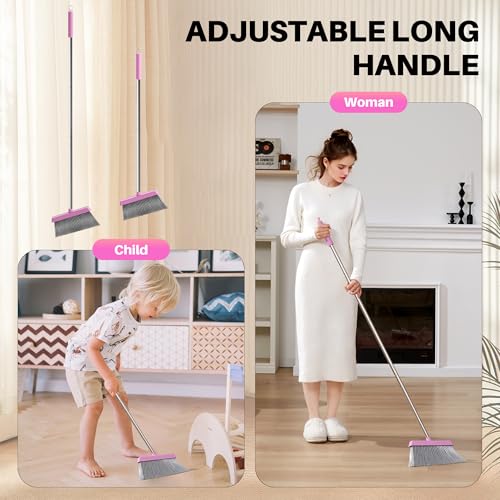 JOYMOOP Pink Broom and Dustpan Set, Upright Angle with Built-in Comb Teeth for Kitchen, Lobby, Pet Hair and Hard Floors - color: Lavender Pink & Sakura Pink