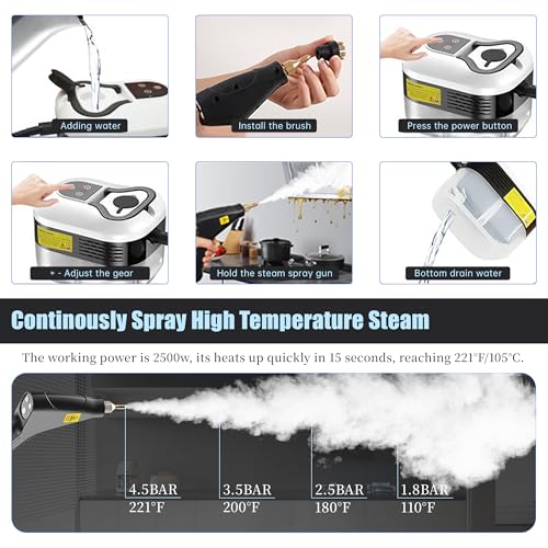Powerful 2500W Handheld Steam Cleaner,15s Fast Heat-Up & High-Pressure Steam, 6-Level Adjustable Settings for Deep Cleaning on Floors, Kitchen, Bathroom, Car, Grout (White)