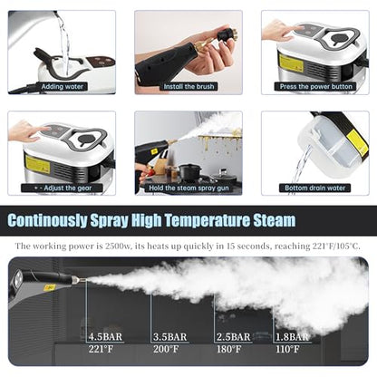 Powerful 2500W Handheld Steam Cleaner,15s Fast Heat-Up & High-Pressure Steam, 6-Level Adjustable Settings for Deep Cleaning on Floors, Kitchen, Bathroom, Car, Grout (White)