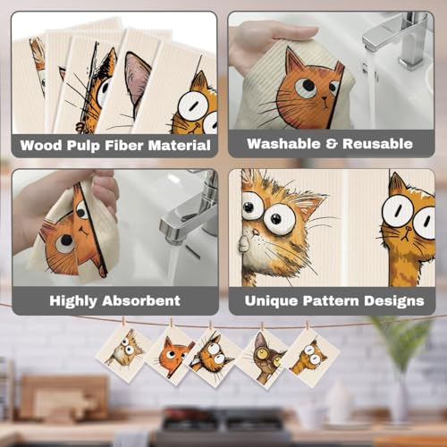 5 Pcs Cartoon Cute Peeking Kitten Swedish Dishcloths, Kitty Swedish Dishcloth, Funny Cat Dish Cloths for Drying Dishes, Reusable Cleaning Cloths, Cat Lover Gifts for Women 6 - color: Lm 03437