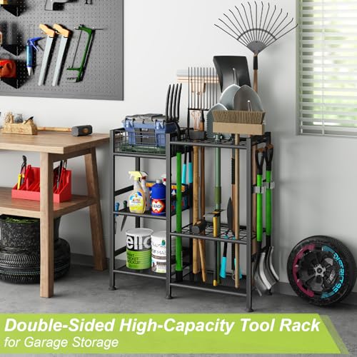 keomaisyto Garden Tool Organizer With Basket - 3 Tier Yard Storage Rack for Garage Organization, Heavy Duty Holder With 35 Long-Handled Slots for Shed, Yard, Garage - size: XL-29.5"W x 12"D x 31.2"H