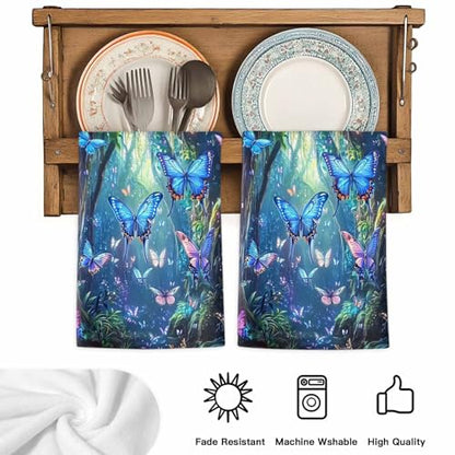 Blue Butterfly Kitchen Towels Set of 4, Ultra Absorbent Dish Towels Quick Drying Microfiber Hand Towel Decorative Modern Art Forest Butterflies Tea Towel Dishcloths for Kitchen Cleaning 18"x28" - size: 4 Pack