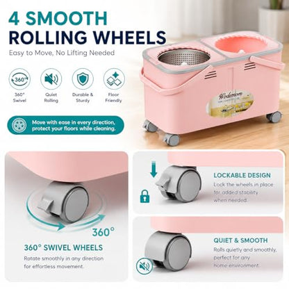 2026 Upgraded Gen 2 Spin Mop and Bucket Set with 4 Swivel Wheels for Easy Rolling, Separates Clean & Dirty Water, Floor Mop with 6 Washable Mop Heads for Wood, Tile, Vinyl, Baseboards - Pink - size: Pink Mop Bucket + 6 Extra Refill